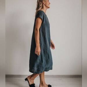 Linen Sea Denim Blue Pure Linen Pullover Shift Dress M